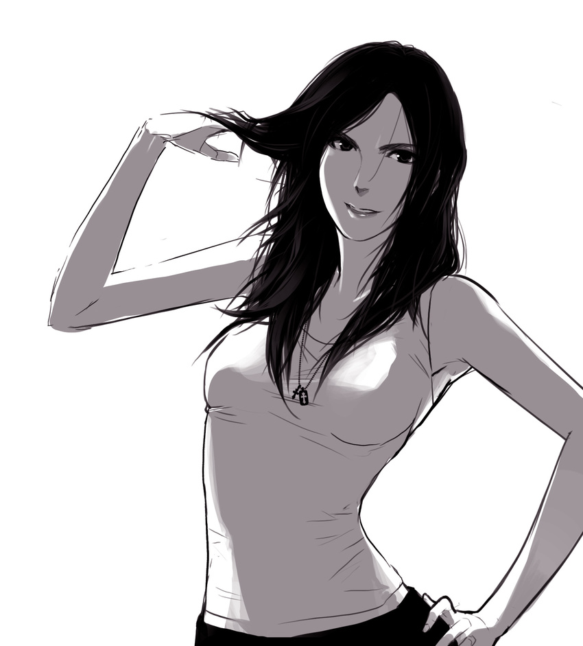 commentary contrapposto cross cross_necklace greyscale hand_in_hair hand_on_hip hand_up highres jewelry lips long_hair looking_at_viewer monochrome necklace original poaro simple_background sketch solo standing tank_top white_background