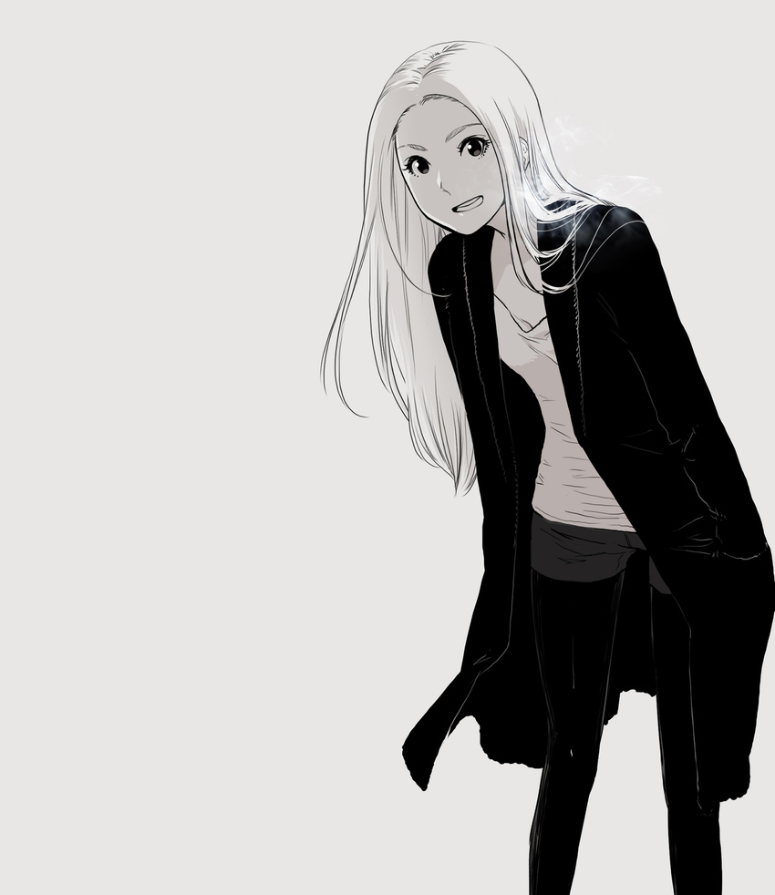 black_coat black_legwear breath coat commentary_request eyelashes grey_background greyscale hands_in_pockets highres leaning_forward legwear_under_shorts long_hair looking_at_viewer monochrome open_clothes open_coat original pantyhose pantyhose_under_shorts poaro shorts simple_background smile solo very_long_hair zipper