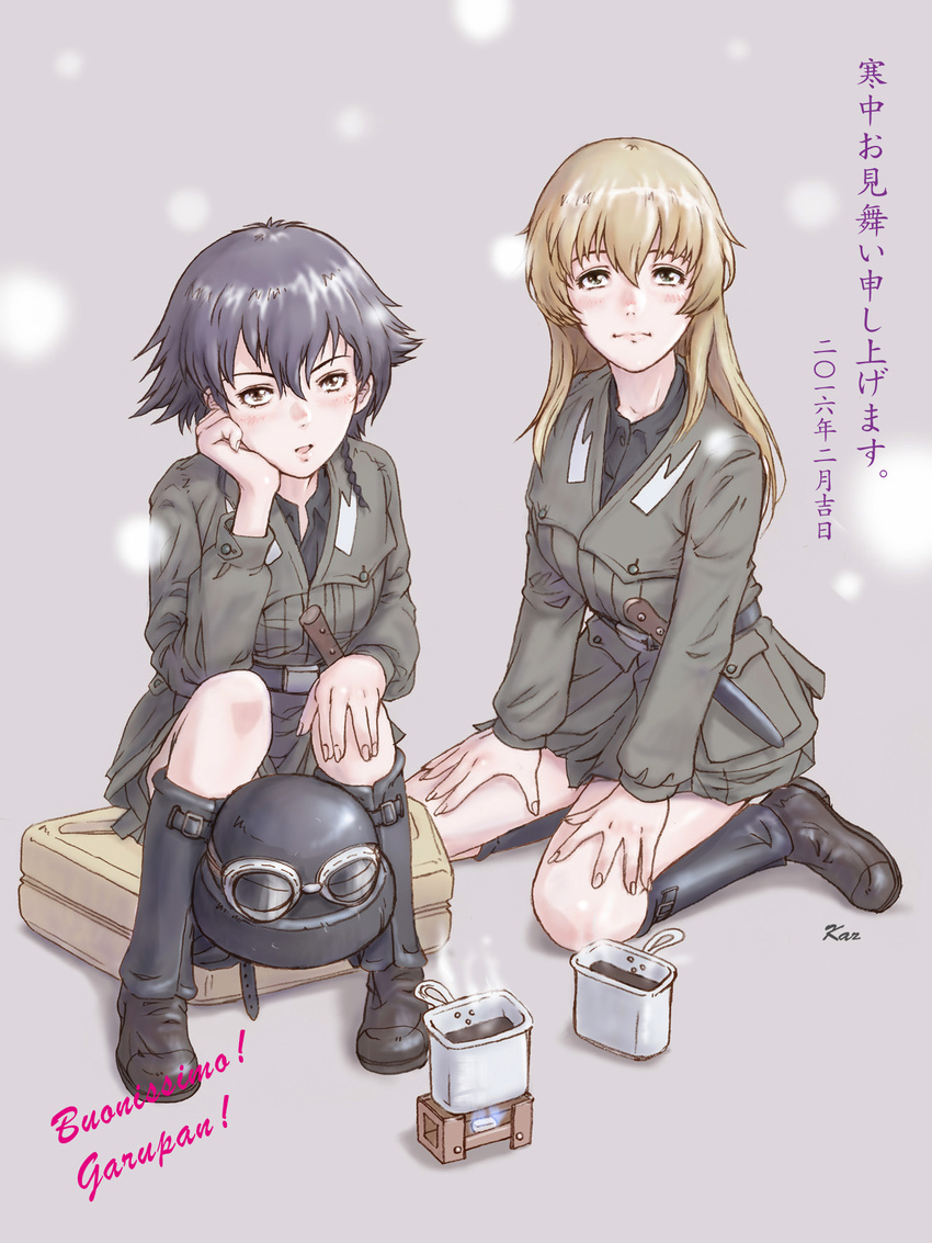 anzio_military_uniform blonde_hair blush brown_eyes carpaccio cooking dagger fire food girls_und_panzer helmet highres italian kanchuumimai long_hair military military_uniform multiple_girls pepperoni_(girls_und_panzer) short_hair sitting skirt smile steam uniform weapon yoshikawa_kazunori