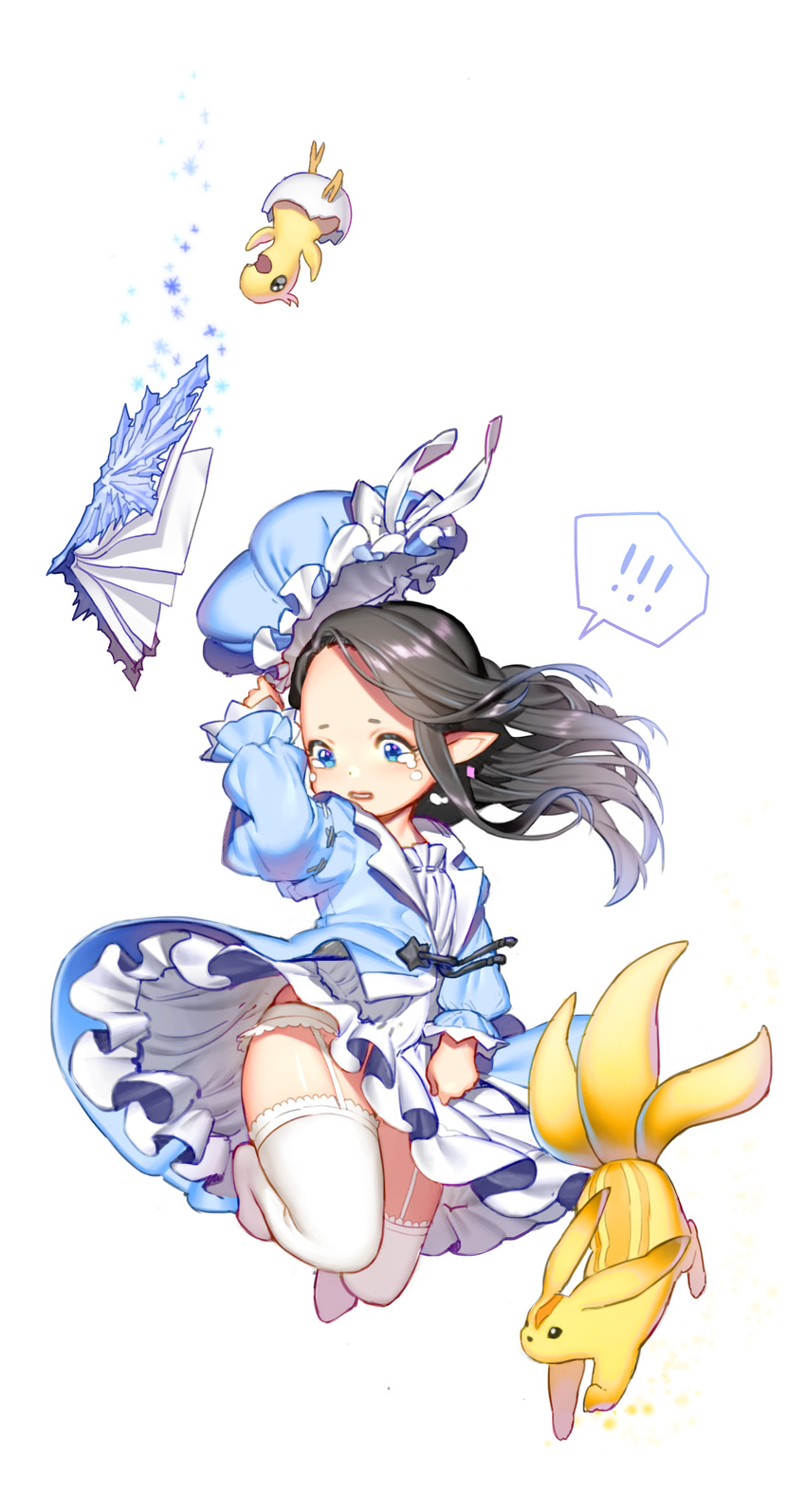 absurdres black_hair blue_dress blue_eyes book carbuncle_(final_fantasy) chicobo clinexgrim dress dress_tug falling final_fantasy final_fantasy_xiv garter_straps hand_on_headwear hat highres lalafell long_hair no_shoes panties pointy_ears tears thighhighs underwear white_background white_legwear white_panties wind wind_lift