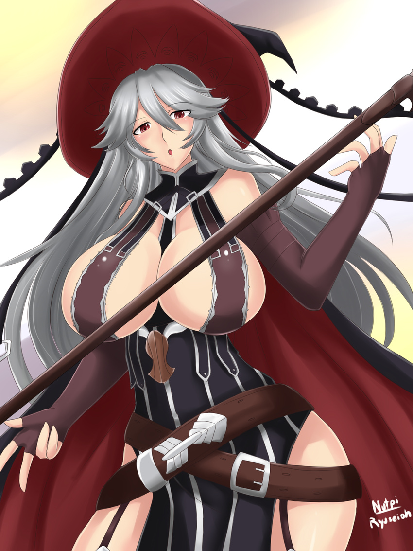 :o bangs blush breasts cleavage commentary commentary_typo elbow_gloves english_commentary fingerless_gloves garter_straps gloves granblue_fantasy hair_between_eyes hat highres huge_breasts long_hair looking_at_viewer magisa_(granblue_fantasy) nuypiya_hehasuk red_eyes silver_hair solo witch_hat