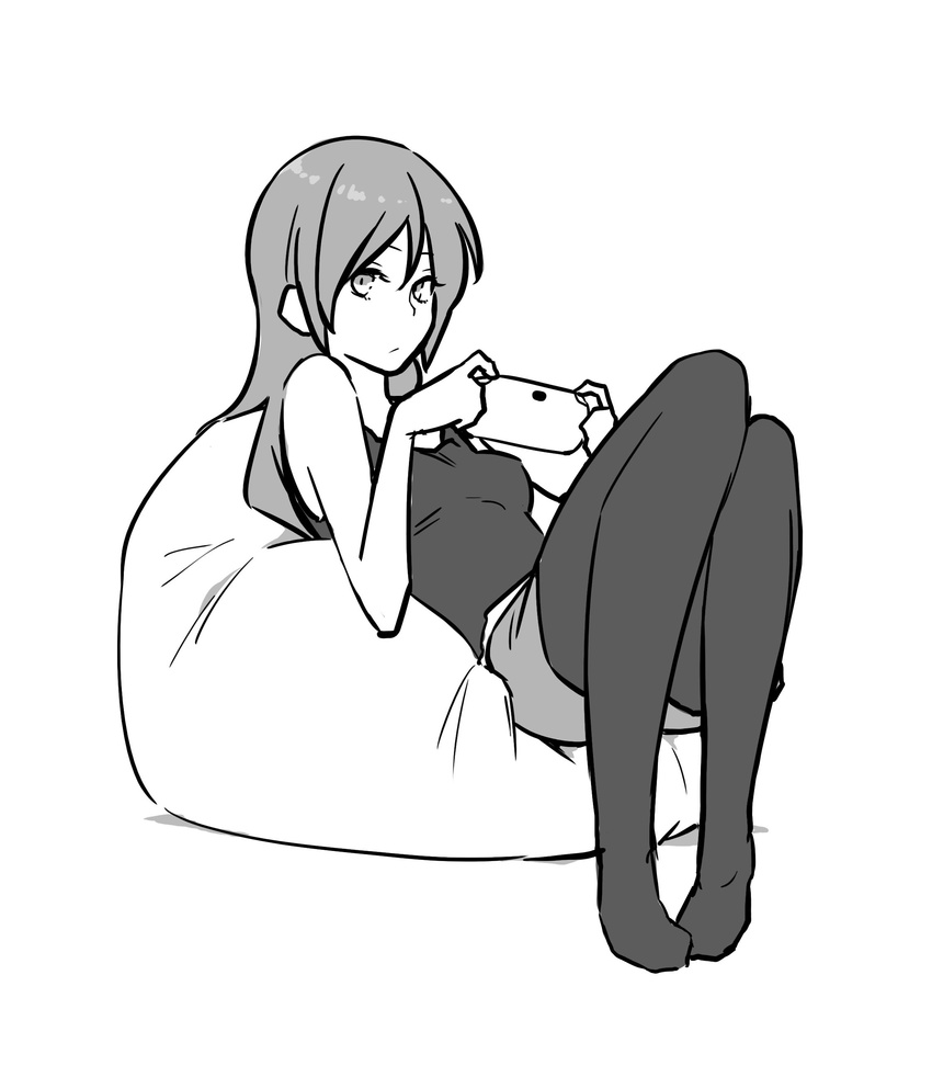 absurdres bean_bag_chair black_legwear borrowed_character character_request commentary_request greyscale handheld_game_console highres knees_up legwear_under_shorts long_hair looking_at_viewer monochrome original pantyhose pantyhose_under_shorts playstation_vita poaro shorts simple_background sitting sketch solo tank_top white_background