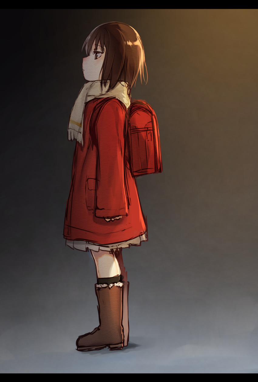 akayan backpack bad_id bad_pixiv_id bag black_legwear blush boku_dake_ga_inai_machi boots brown_eyes brown_footwear brown_hair coat full_body grey_background half-closed_eyes highres hinazuki_kayo knee_boots kneehighs letterboxed nose_blush pocket red_coat scarf school_bag short_hair simple_background solo standing winter_clothes winter_coat yellow_scarf