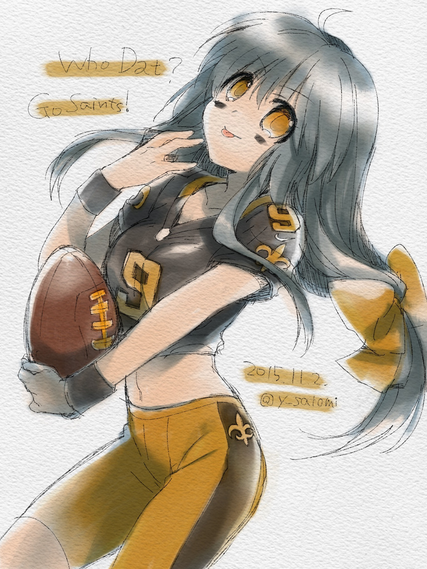 bike_shorts brown_hair clannad drew_brees football football_uniform gloves highres ibuki_fuuko long_hair midriff national_football_league new_orleans_saints satomi_yoshitaka sportswear tongue tongue_out yellow_eyes