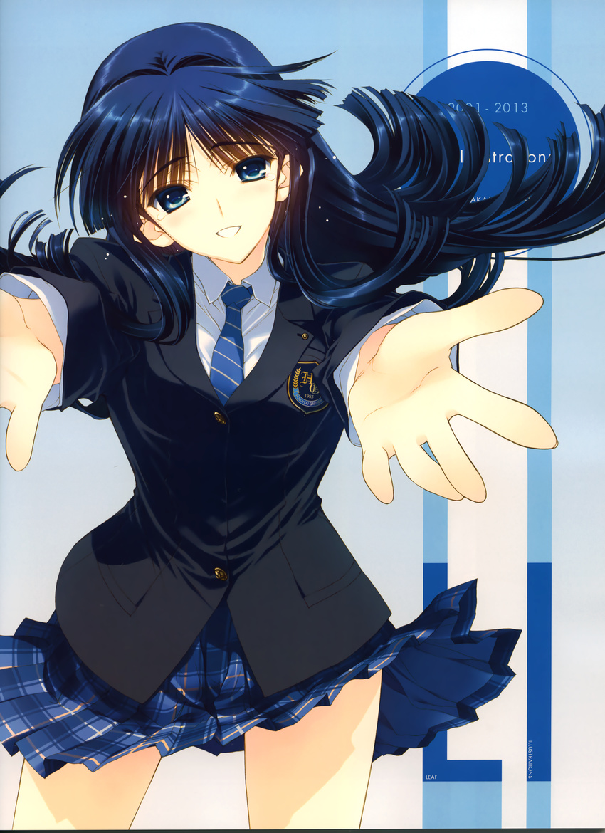 absurdres blue_eyes blue_hair blue_neckwear blue_skirt highres long_hair looking_at_viewer nakamura_takeshi necktie pleated_skirt school_uniform skirt solo touma_kazusa white_album_2