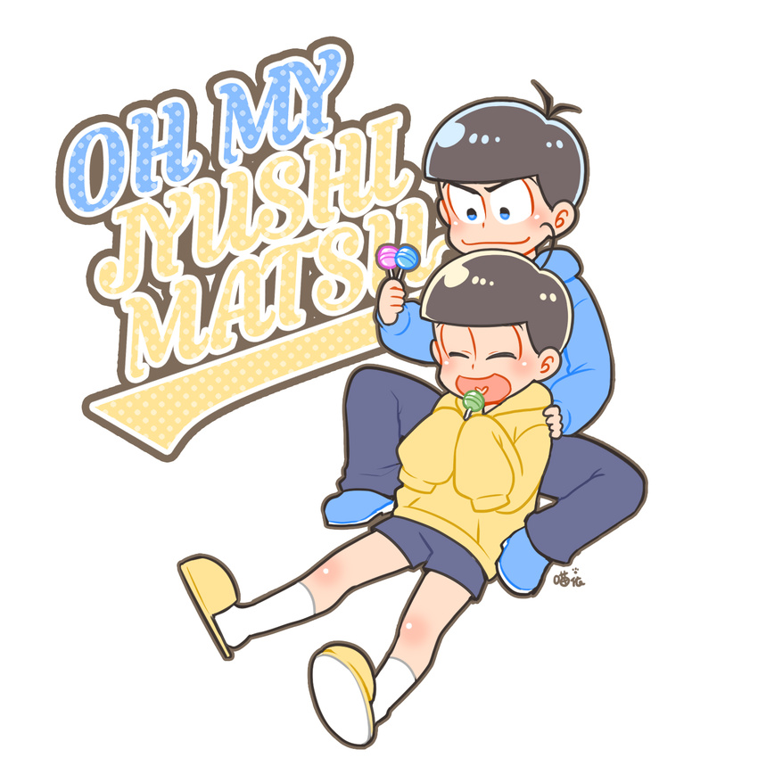 ^_^ alternate_eye_color blue_eyes brothers brown_hair candy closed_eyes english food heart heart_in_mouth highres hood hoodie lollipop male_focus matsuno_juushimatsu matsuno_karamatsu multiple_boys nightcat open_mouth osomatsu-kun osomatsu-san shorts siblings sitting sleeves_past_wrists slippers smile