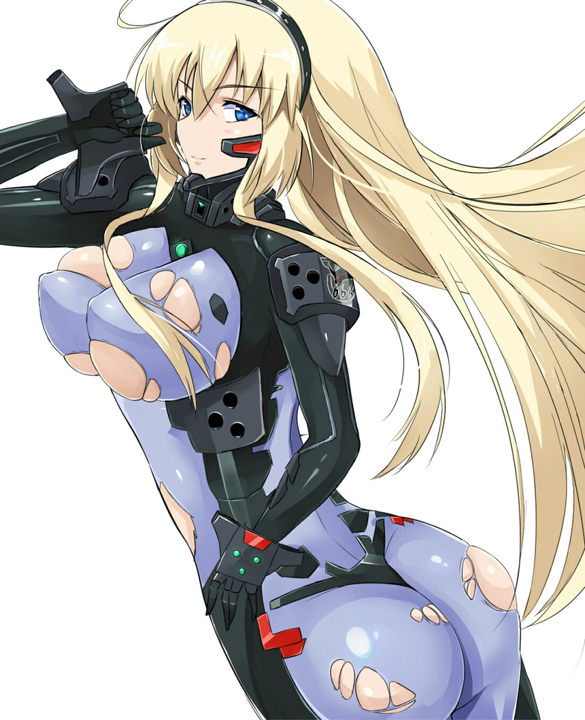 ass blonde_hair blue_eyes blush bodysuit breasts choker commentary_request covered_nipples cowboy_shot emblem eyebrows eyebrows_visible_through_hair glowing hairband hand_on_hip highres irisdina_bernhard large_breasts long_hair looking_at_viewer motion_blur muvluv number pilot_suit schwarzesmarken skin_tight smile snow snowing solo standing takara_joney torn_bodysuit torn_clothes very_long_hair wind