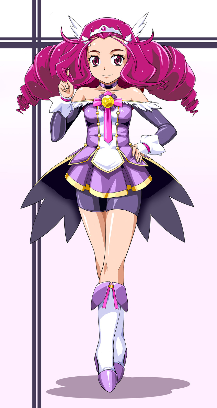 bare_shoulders bike_shorts boots brooch choker full_body hand_on_hip head_wings highres jewelry knee_boots long_hair looking_at_viewer magical_girl muimui okada_mayu precure purple_eyes purple_hair purple_skirt shorts shorts_under_skirt skirt smile smile_precure! solo tiara what_if white_background white_footwear