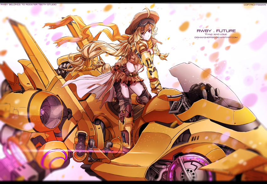 ahoge alternate_costume armor armored_boots belt blonde_hair boots brown_hat brown_skirt buckle character_name company_name copyright_name dishwasher1910 goggles goggles_on_head ground_vehicle hat highres letterboxed light_rays long_hair looking_at_viewer mechanical_arm midriff motor_vehicle motorcycle ponytail red_eyes rwby science_fiction skirt solo very_long_hair wheel yang_xiao_long