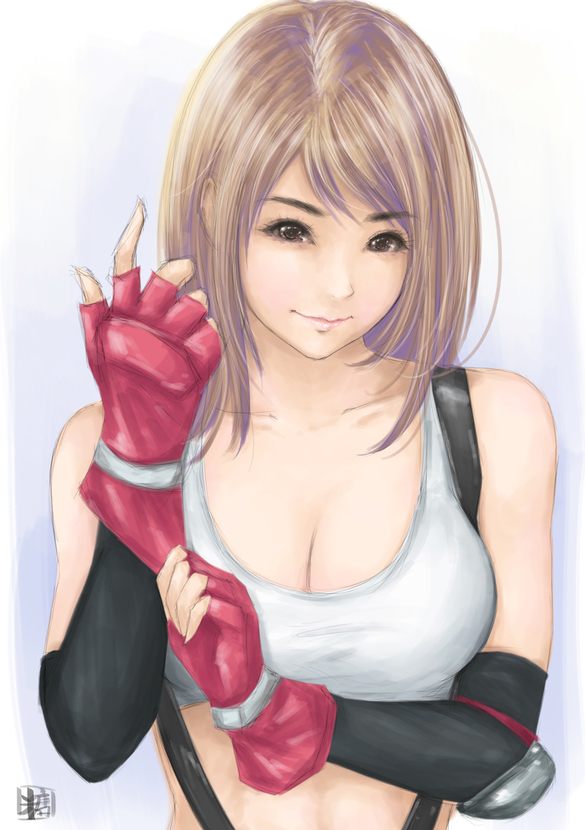 absurdres bad_id bad_pixiv_id banned_artist breasts brown_eyes brown_hair collarbone final_fantasy final_fantasy_vii fingerless_gloves gloves gradient gradient_background highres large_breasts long_hair looking_at_viewer purple_background putting_on_gloves sketch solo suspenders sweetsoupman tank_top tifa_lockhart upper_body