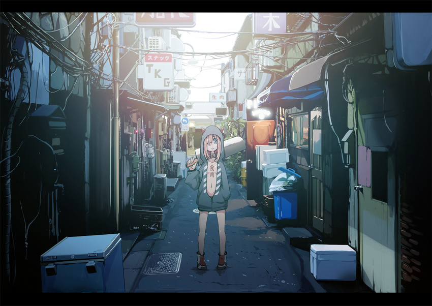 air_conditioner alley awning blue_eyes body_writing box breasts city cleavage collar commentary_request door hair_over_one_eye hand_in_pocket holding hood hoodie horns letterboxed looking_at_viewer navel no_bra no_socks original outdoors pink_hair power_lines real_world_location road shadow shinjuku shoes sign small_breasts smile sneakers solo standing street sunlight sword takagi_(tansuke) tansuke tokyo_(city) trash_bag trash_can unzipped weapon