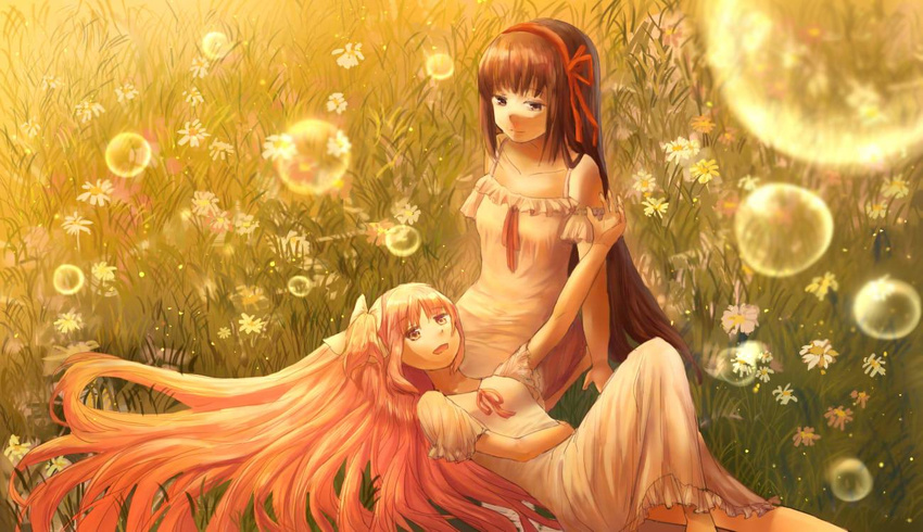 akemi_homura arm_up arms_at_sides bangs bow brown_eyes brown_hair bubble commentary daisy detached_sleeves dress flower from_above grass hair_bow hair_ribbon hand_on_lap kaname_madoka knee_up lap_pillow long_hair looking_at_viewer lying mahou_shoujo_madoka_magica meadow multiple_girls nature on_back on_ground open_mouth outdoors pink_eyes pink_hair ribbon seiza short_sleeves sitting smile spaghetti_strap sunlight ultimate_madoka very_long_hair white_dress yan_h_chau yuri