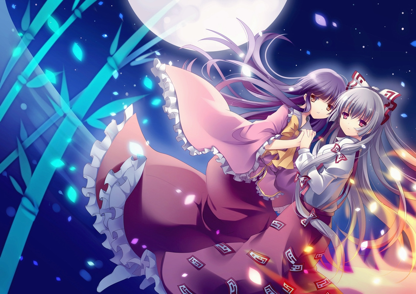 expressionless fujiwara_no_mokou full_moon hime_cut holding_hands houraisan_kaguya long_hair moon multiple_girls night no_shoes purple_hair rie_(reverie) socks touhou very_long_hair white_hair