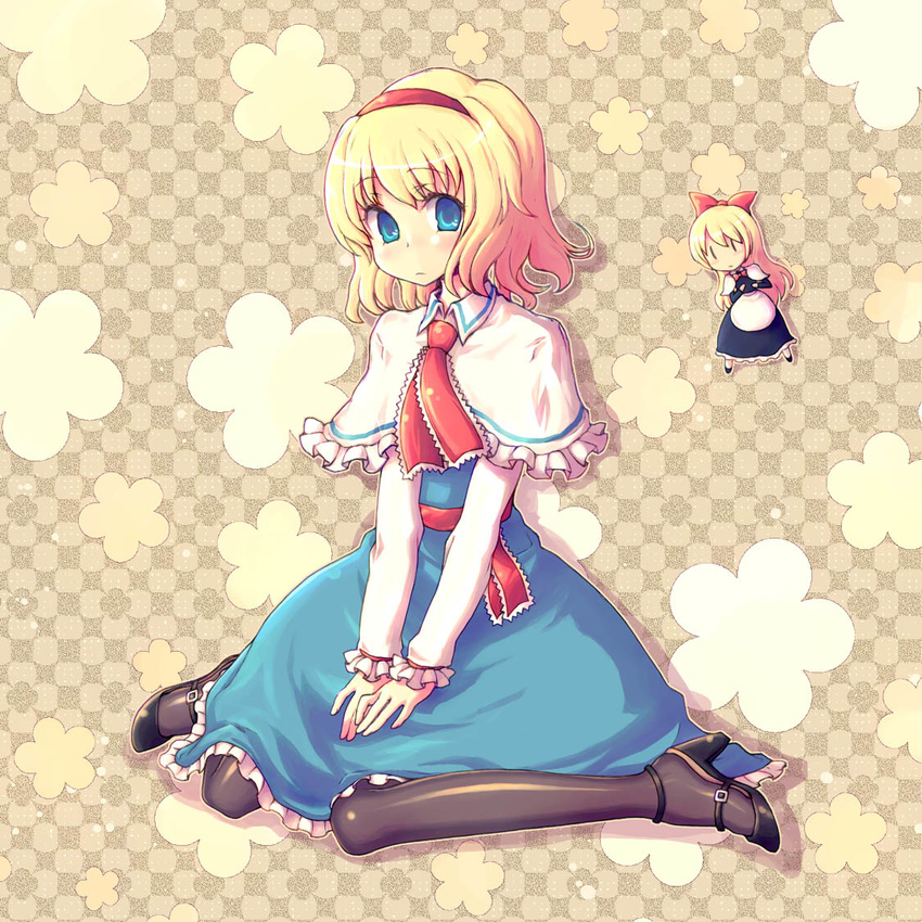 alice_margatroid blonde_hair blue_eyes capelet doll hairband high_heels kimarin long_hair looking_at_viewer pantyhose shanghai_doll shoes short_hair shy sitting solo touhou wariza white_capelet |_|