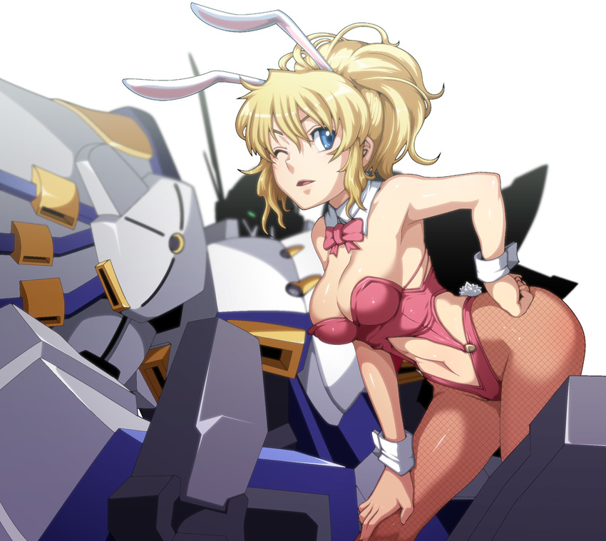 animal_ears blonde_hair blue_eyes bunny_ears bunnysuit excellen_browning fishnet_pantyhose fishnets long_hair mecha one_eye_closed pantyhose ponytail robot super_robot_wars super_robot_wars_original_generation tabigarasu weissritter