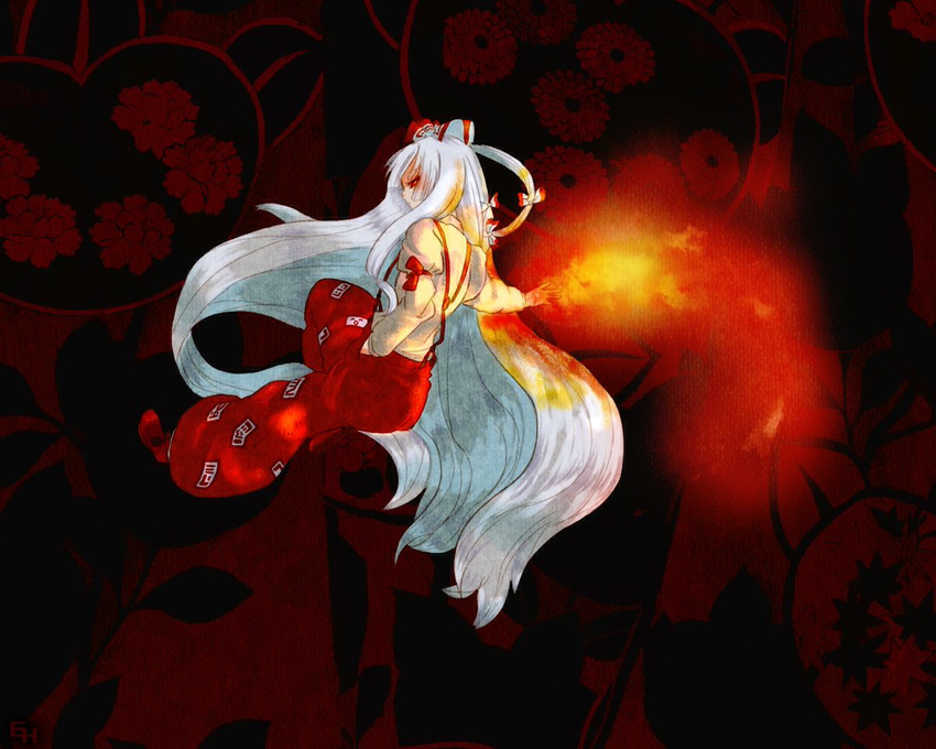 as fire fujiwara_no_mokou hair_ribbon hand_in_pocket long_hair long_sleeves looking_back outstretched_arm outstretched_hand pants red_eyes ribbon shoes silver_hair solo suspenders touhou very_long_hair wallpaper