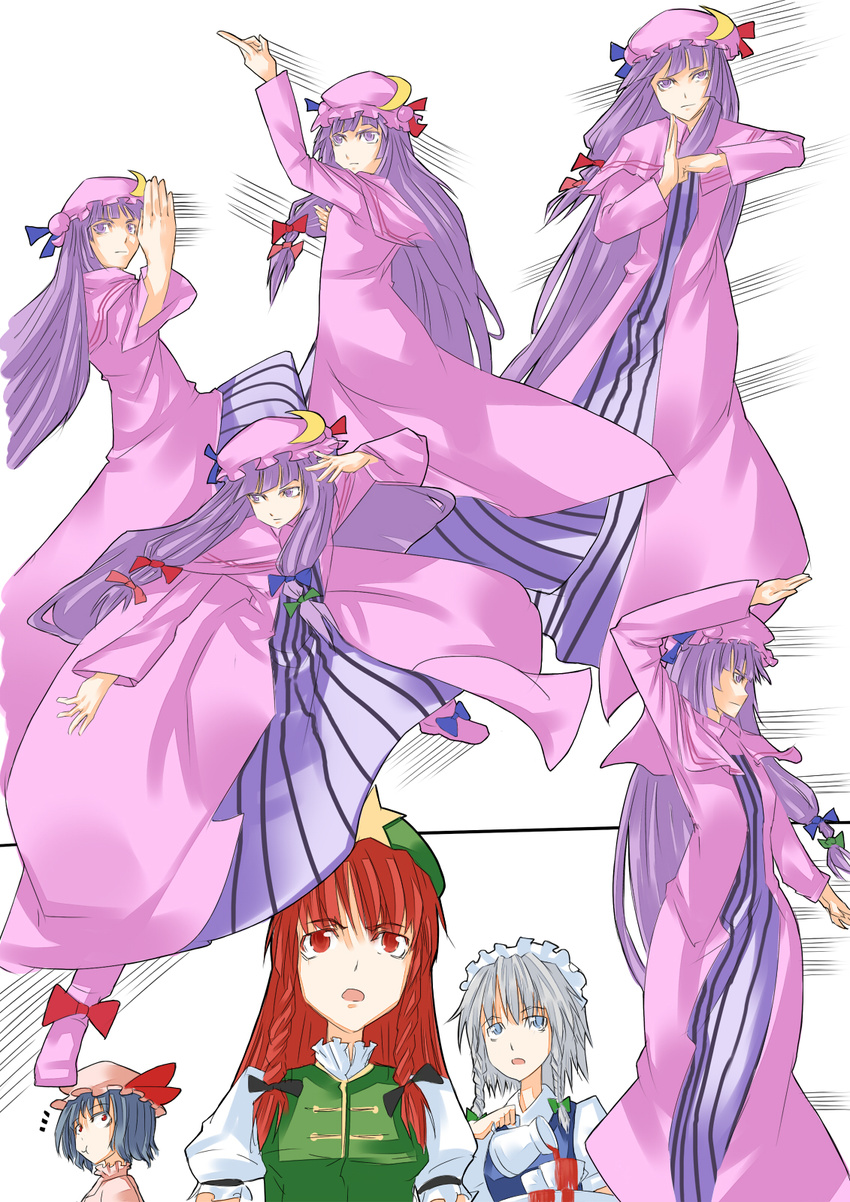 bad_id bad_pixiv_id bangs fighting_stance haou_airen highres hong_meiling izayoi_sakuya multiple_girls ni_piao_xiancai parody patchouli_knowledge remilia_scarlet touhou