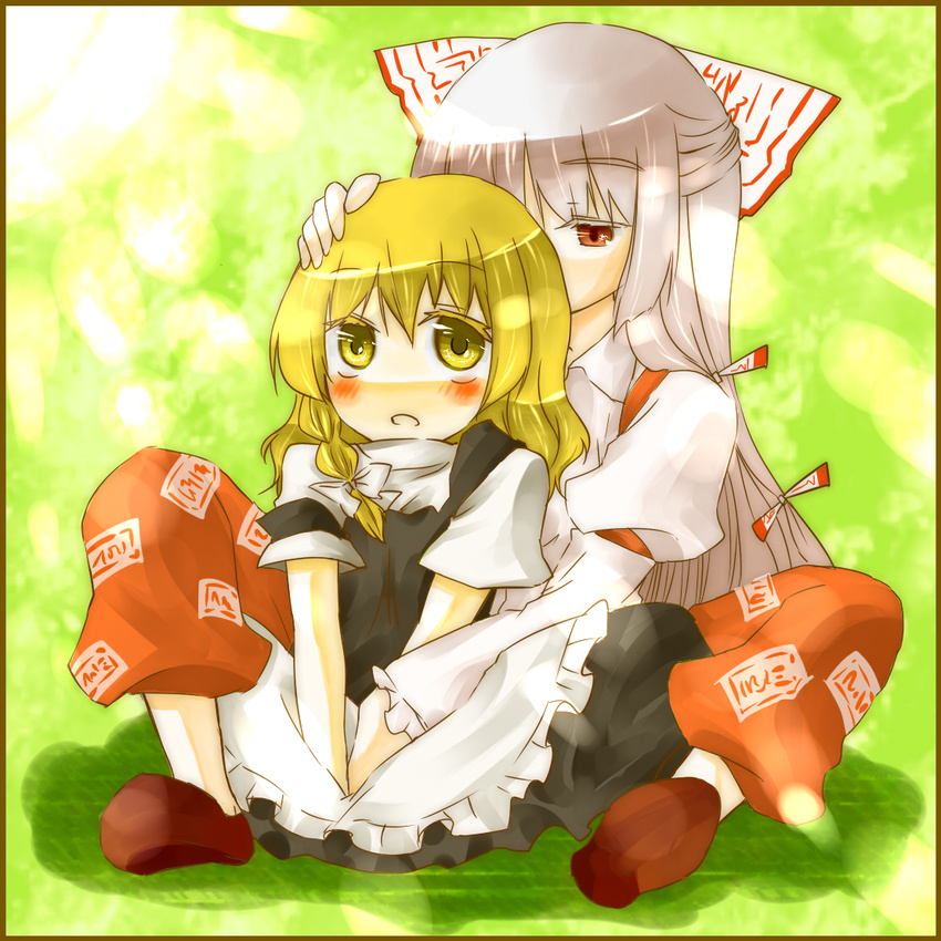 apron bad_id bad_pixiv_id blonde_hair blush braid brown_eyes fujiwara_no_mokou hair_ribbon kirisame_marisa long_hair long_sleeves looking_up multiple_girls no_nose pants ribbon shoes short_sleeves silver_hair sitting touching touhou yellow_eyes yjy yuri