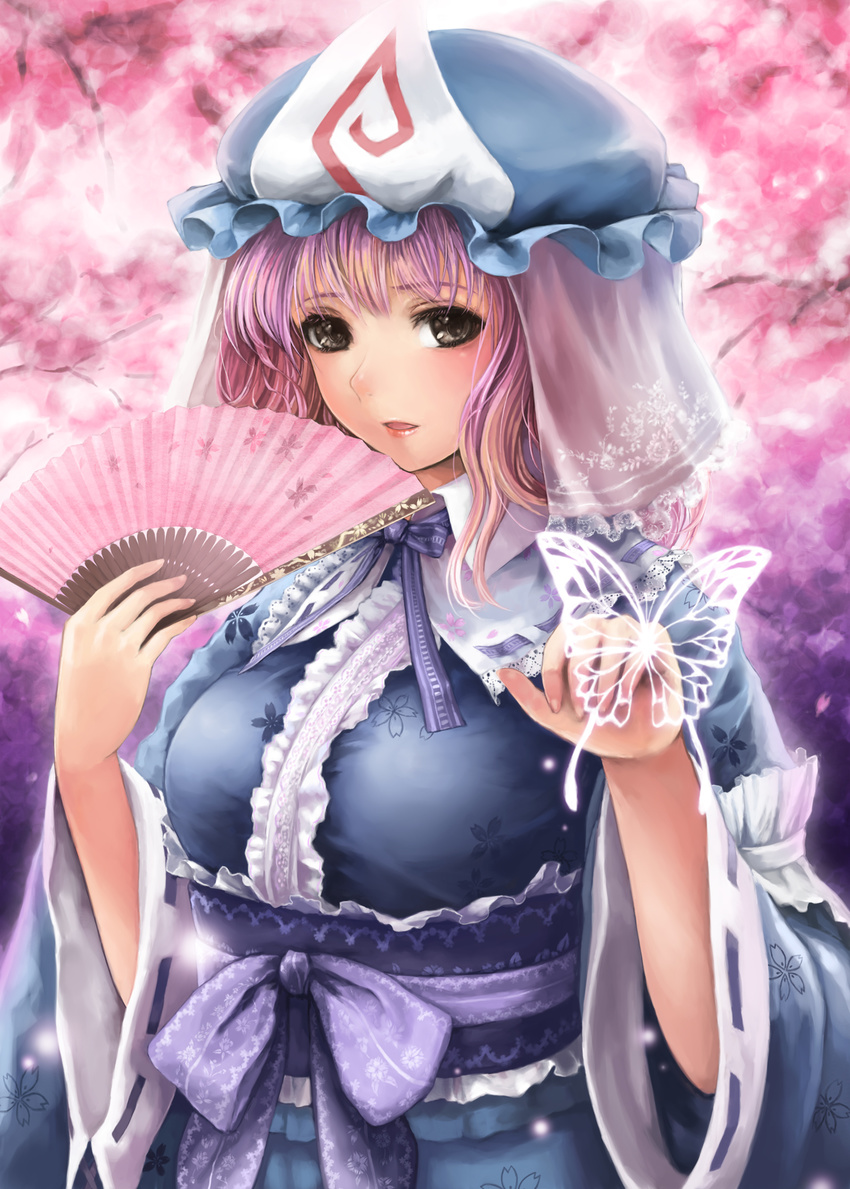 brown_eyes bug butterfly embellished_costume eyelashes fan folding_fan frills hands hat highres insect light_particles lips looking_at_viewer pink_hair saigyouji_yuyuko short_hair solo touhou yakusa