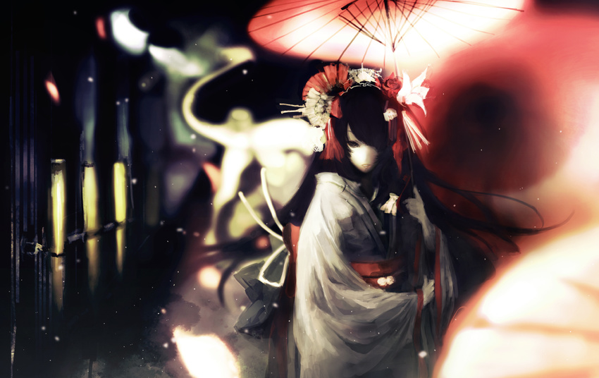 black_hair iori_yakatabako japanese_clothes kimono oriental_umbrella original solo umbrella