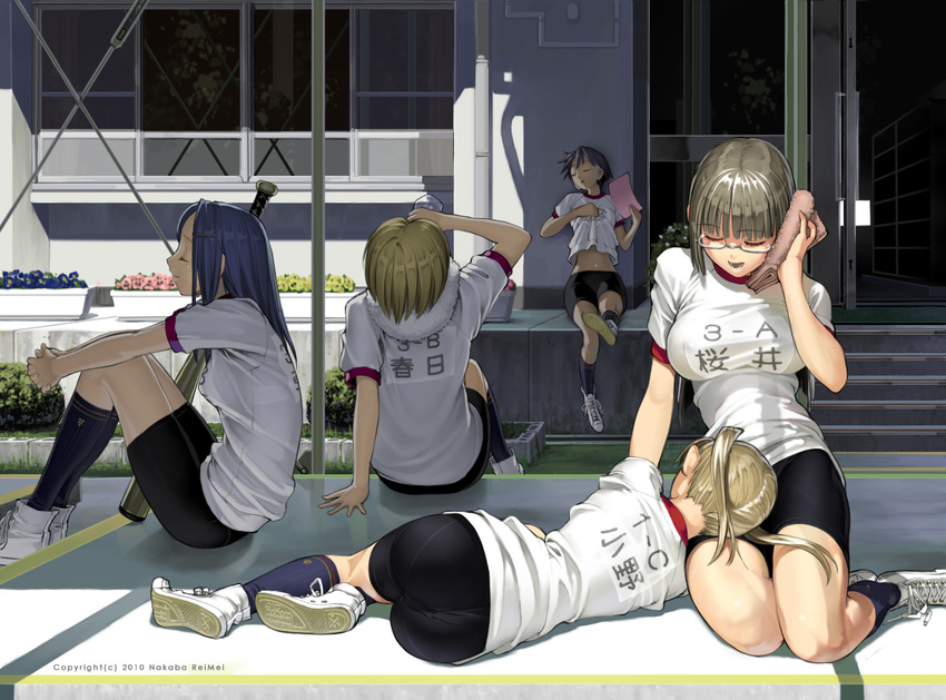 ass bad_id bad_pixiv_id bangs baseball_bat bike_shorts blonde_hair blue_hair blunt_bangs breasts brown_hair closed_eyes exhausted glasses gym_uniform hair_ornament hairclip lap_pillow large_breasts lying multiple_girls nakabayashi_reimei on_side open_mouth original pantylines see-through shade shiny shiny_hair sitting towel twintails