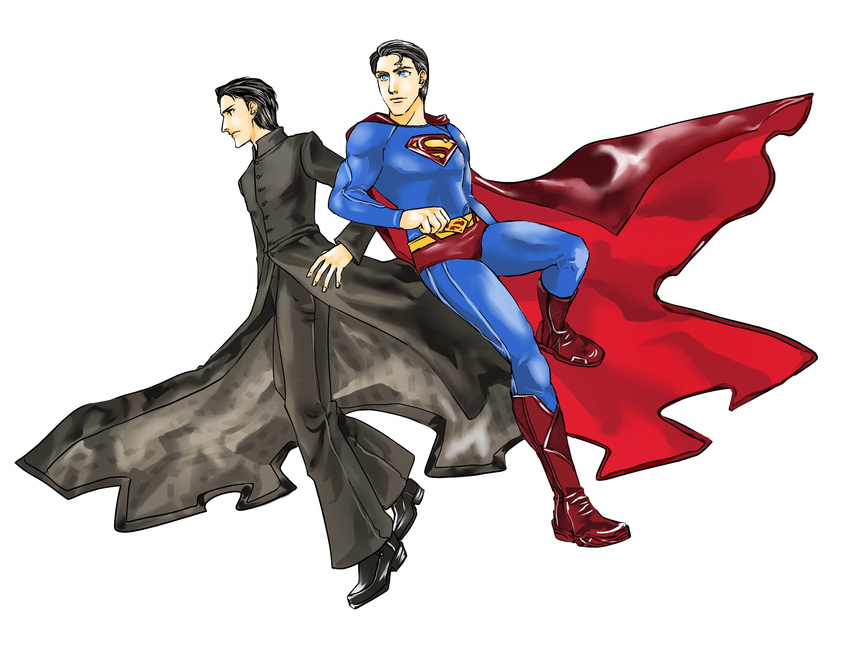 bad_id bad_pixiv_id belt black_hair blue_eyes boots cassock crossover dc_comics highres hoshikuma_shaare lips multiple_boys neo screencap skin_tight superman the_matrix trench_coat