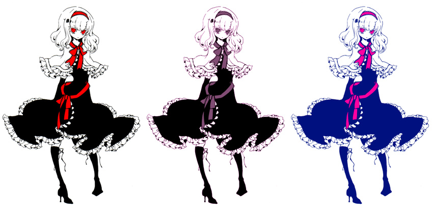 alice_margatroid alternate_color boots capelet dress elbow_gloves eyelashes frills full_body gloves hairband high_heels miri_(tobira_no_mukou) multiple_monochrome no_nose ribbon shoes short_hair simple_background spot_color touhou variations wavy_hair white_background