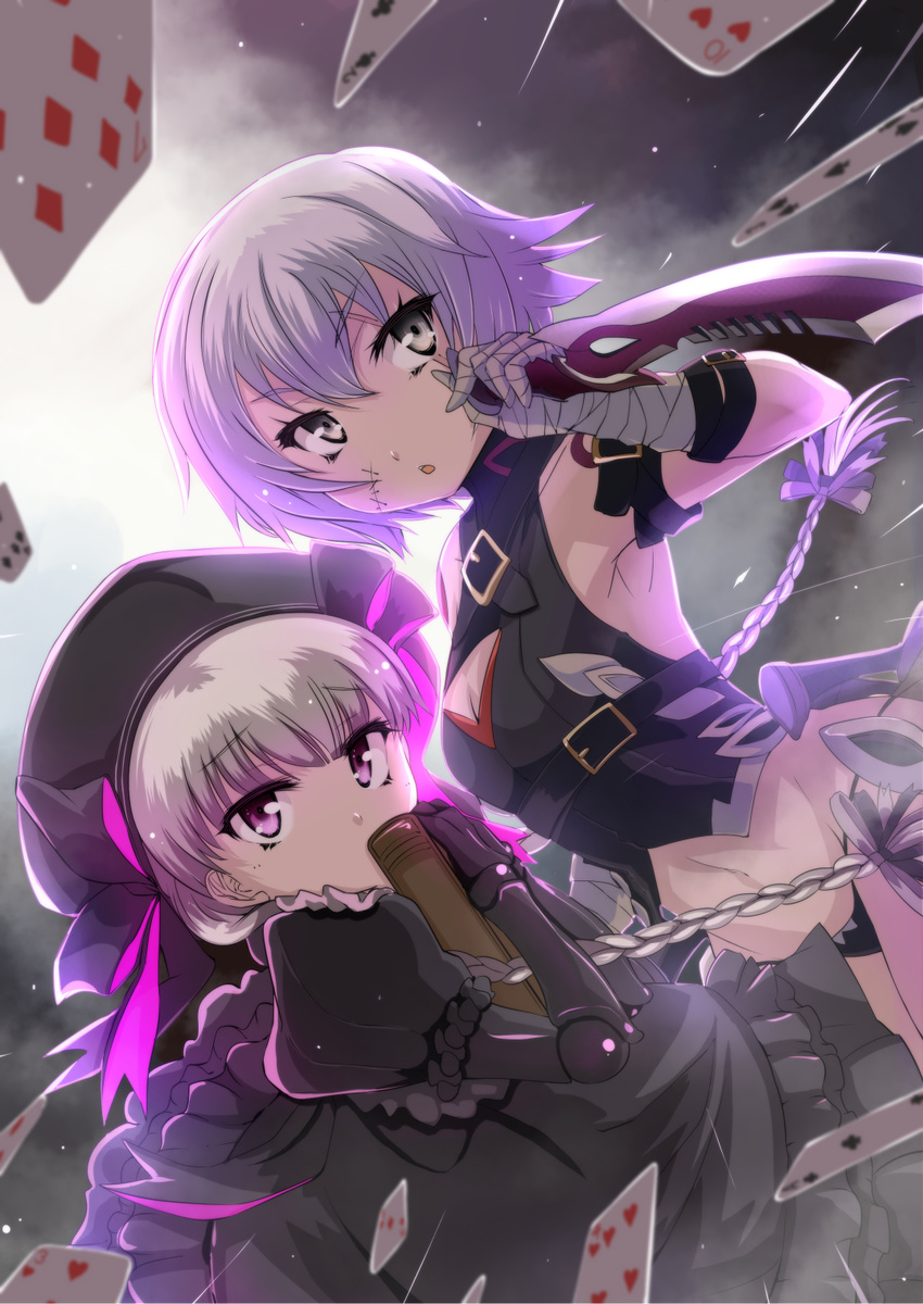 armpits bikini_bottom book braid breasts card cleavage dress fate/apocrypha fate/extra fate_(series) gothic_lolita grimjin hair_ribbon hand_wraps hat highres holding holding_weapon jack_the_ripper_(fate/apocrypha) knife lolita_fashion long_hair multiple_girls navel nursery_rhyme_(fate/extra) playing_card purple_eyes ribbon scar short_hair silver_eyes silver_hair small_breasts twin_braids weapon