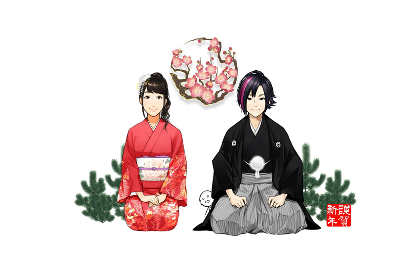 1girl black_hair brown_eyes commentary_request flower flower_request hakama hands_on_lap happy_new_year highres japanese_clothes kimono multicolored_hair new_year obi pine_tree pink_flower poaro real_life_insert sash seiza simple_background sitting smile tree tree_branch two-tone_hair white_background