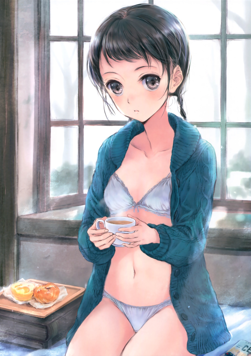 absurdres black_eyes black_hair bra braid breasts cleavage cup fujita_hidetoshi highres open_clothes open_mouth open_shirt panties shirt small_breasts solo sweater teacup twintails underwear