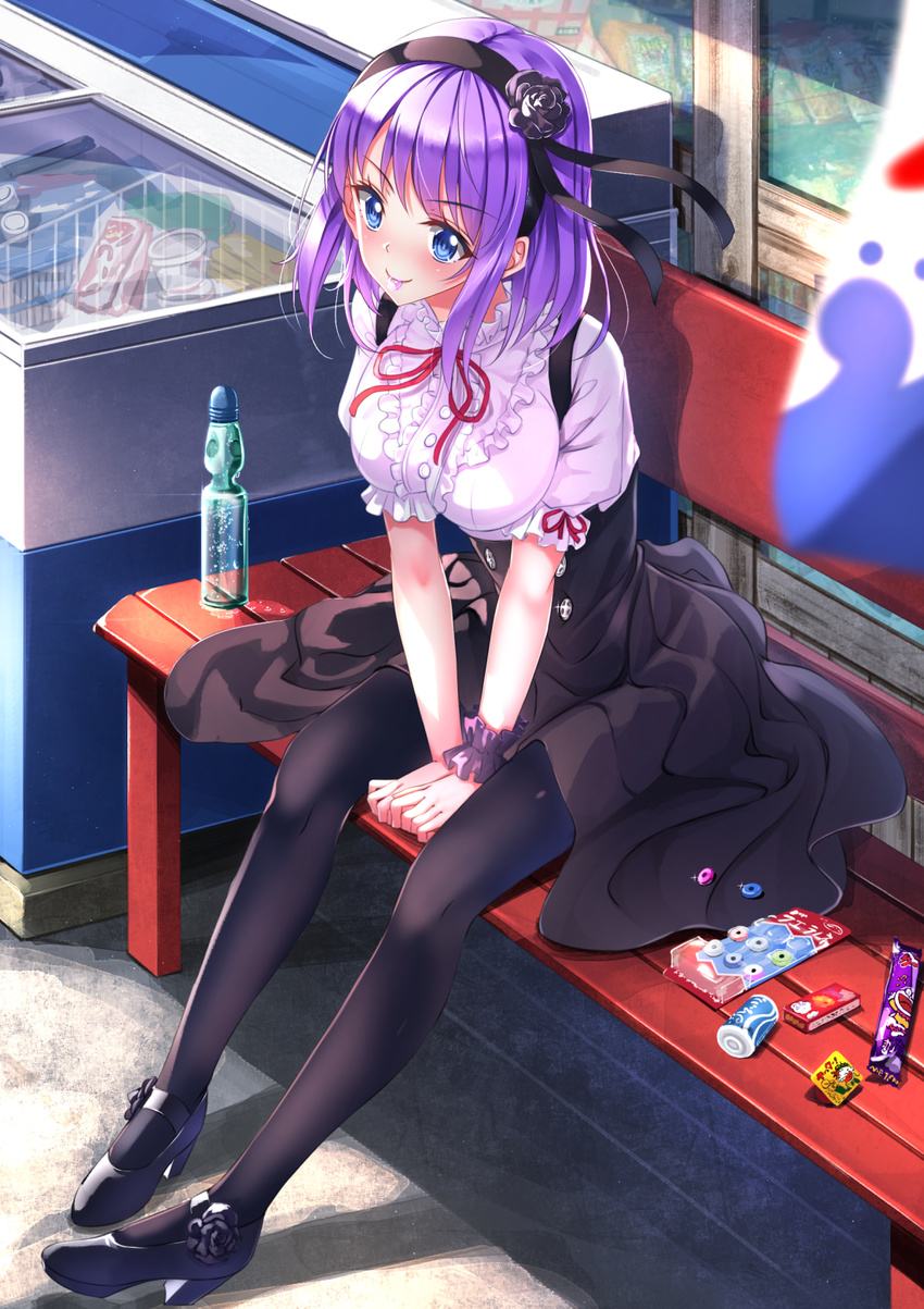 blue_eyes breasts candy center_frills dagashi_kashi food highres large_breasts long_hair mary_janes mouth_hold pantyhose purple_hair ramune shidare_hotaru shoes sitting skirt solo swordsouls umaibou