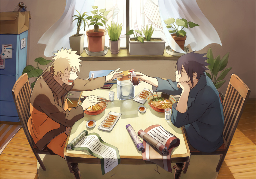 arm_support barefoot black_hair blonde_hair book bowl box cardboard_box chair chin_rest chopsticks closed_eyes cup curtains dining_room drinking_glass dumpling egg facial_mark facing_another flower_pot food from_side indoors jacket jiaozi long_sleeves male_focus meat multiple_boys naruto naruto_(series) noodles oba-min open_mouth pitcher plant plate potted_plant ramen rug sauce scroll sitting smile soy_sauce spiked_hair sunlight table uchiha_sasuke uzumaki_naruto water whisker_markings window wooden_floor