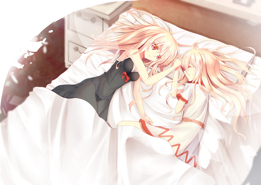 bed bed_sheet blonde_hair closed_eyes dress dual_persona expressionless fairy_wings lily_black lily_white long_hair looking_at_another lying multiple_girls navel on_side red_eyes see-through sleepwear smile touhou white_dress wings z.o.b