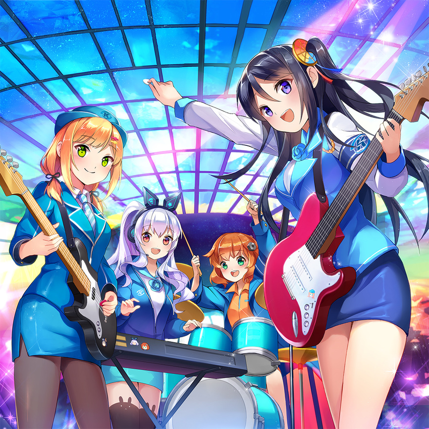 :d animal_ears animal_print ann_(krt_girls) aqua_eyes bad_id bad_pixiv_id bass_guitar black_hair black_legwear blush brown_eyes brown_hair bunny_ears drum drum_set drumsticks electric_guitar emilia_(krt_girls) female_service_cap formal green_eyes guitar hair_ornament hat headphones instrument jacket keyboard_(instrument) krt_girls long_hair looking_at_viewer multiple_girls nana_(krt_girls) necktie open_mouth pantyhose pencil_skirt ponytail purple_eyes short_hair silver_hair skirt skirt_set smile stellarism suit teeth thighhighs twintails xiao_qiong