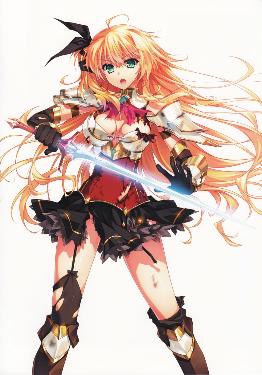 absurdres ahoge armor black_legwear blonde_hair boots breastplate breasts cleavage elbow_gloves gauntlets gem gloves glowing glowing_sword glowing_weapon green_eyes hair_ribbon highres ignis_no_meiyaku_kishi knee_boots large_breasts long_hair non-web_source one_side_up open_mouth ribbon shoulder_armor simple_background skirt solo spaulders sword tina_valerie torn_clothes torn_skirt very_long_hair weapon white_background yasaka_minato