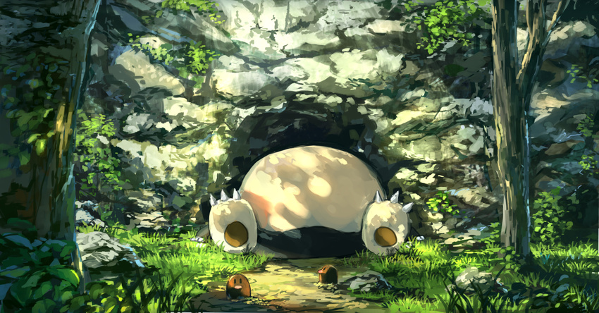 claws diglett gen_1_pokemon grass highres looking_up lying nature no_humans on_back outdoors pippi_(pixiv_1922055) plant pokemon pokemon_(creature) rock sleeping snorlax tree |_|