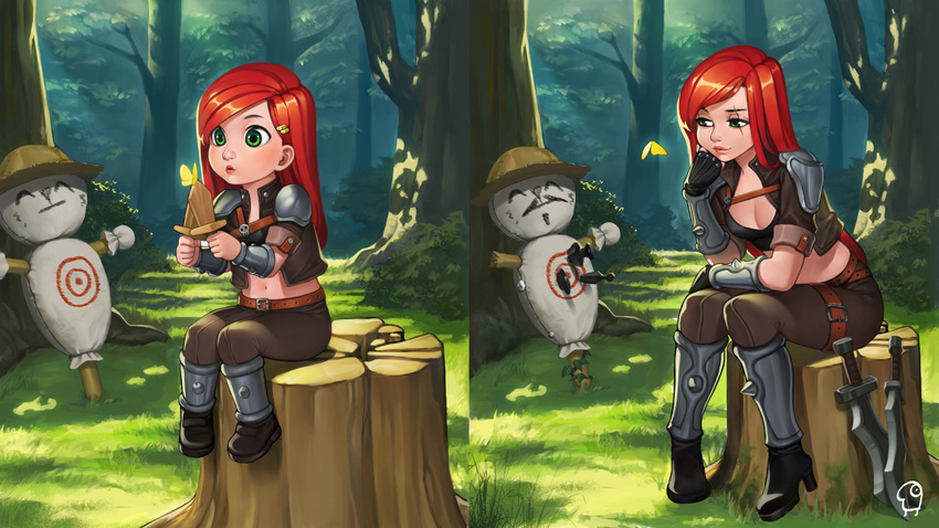 belt bling_(wnsdud34) breasts bug butterfly child chin_rest cleavage cropped_jacket fingerless_gloves gloves green_eyes hat highres insect katarina_du_couteau kunai league_of_legends lips long_hair midriff navel outdoors red_hair shoulder_pads sitting sitting_on_tree_stump small_breasts solo sword thigh_strap tree_stump weapon younger