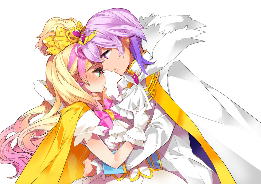 1girl blonde_hair bow brooch cape couple cowboy_shot cravat cure_flora edoya_pochi eye_contact gloves go!_princess_precure grand_princess_(go!_princess_precure) haruno_haruka hetero jewelry long_hair looking_at_another magical_girl multicolored_hair pink_bow pink_hair popped_collar precure prince_kanata purple_hair two-tone_hair white_background white_gloves