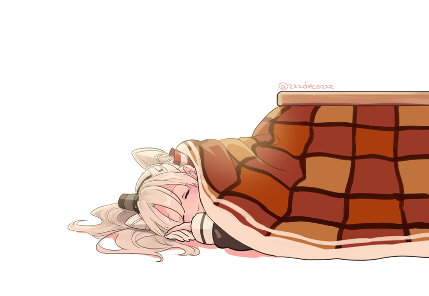 :3 amatsukaze_(kantai_collection) closed_eyes deco_(geigeki_honey) ear gloves hair_between_eyes hair_tubes hairband kantai_collection kotatsu long_hair long_sleeves lying on_side silver_hair simple_background single_glove sleeping smile solo table twitter_username two_side_up white_background white_gloves windsock