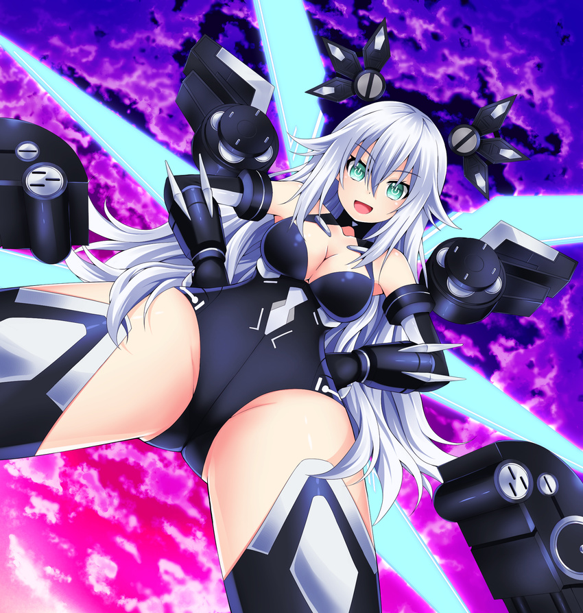 :d armpits ass_visible_through_thighs bangs bare_shoulders black_heart blue_wings breasts cleavage cleavage_cutout cloud cowboy_shot crotch dutch_angle elbow_gloves evening flipped_hair floating floating_object from_below gloves glowing glowing_wings gradient green_eyes groin hair_between_eyes halterneck happy highres hips legs_apart long_hair looking_at_viewer looking_down magical_girl medium_breasts neptune_(series) oekakizuki open_mouth outdoors pov_crotch power_symbol sky smile solo sunset symbol-shaped_pupils thighhighs turtleneck vambraces very_long_hair wavy_hair white_hair wings