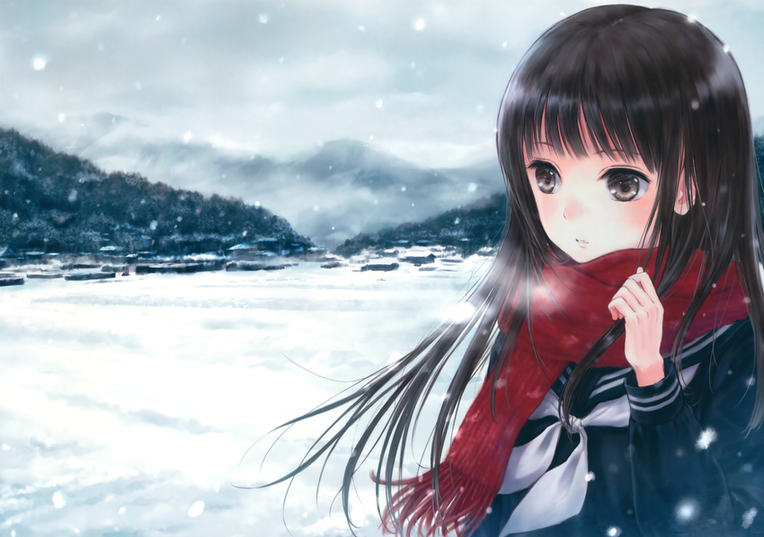 absurdres bangs black_hair blush breath brown_eyes day forest fujita_hidetoshi grey_sky hand_up highres long_hair long_sleeves mountainous_horizon nature original outdoors overcast parted_lips red_scarf scarf scenery school_uniform sky snow snowing solo tree upper_body village visible_air winter