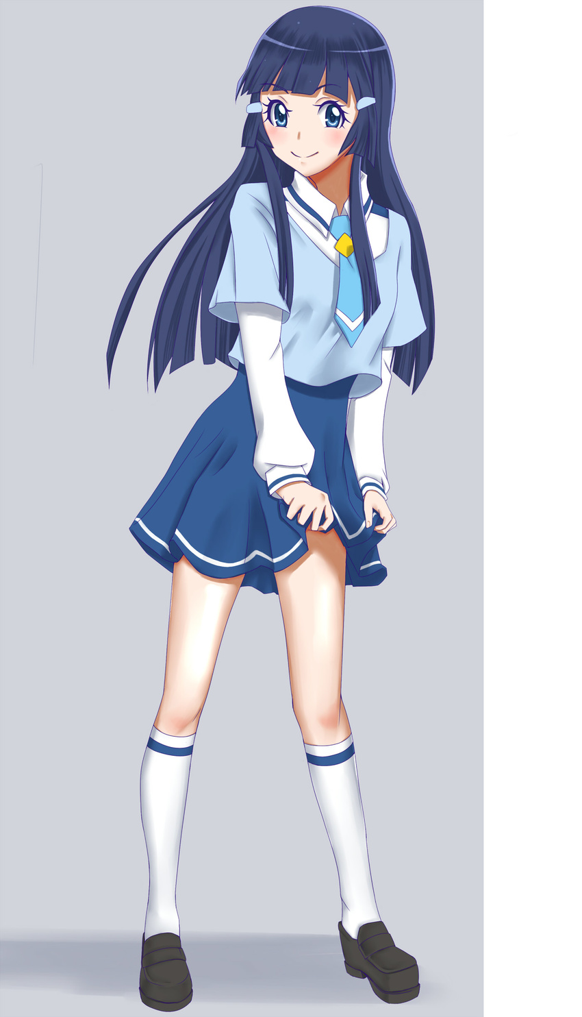 absurdres amawa_kazuhiro aoki_reika blue_eyes blue_hair blue_neckwear blue_skirt full_body grey_background hair_ornament hairclip highres kneehighs long_hair looking_at_viewer nanairogaoka_middle_school_uniform necktie precure school_uniform shoes skirt smile smile_precure! solo standing white_legwear