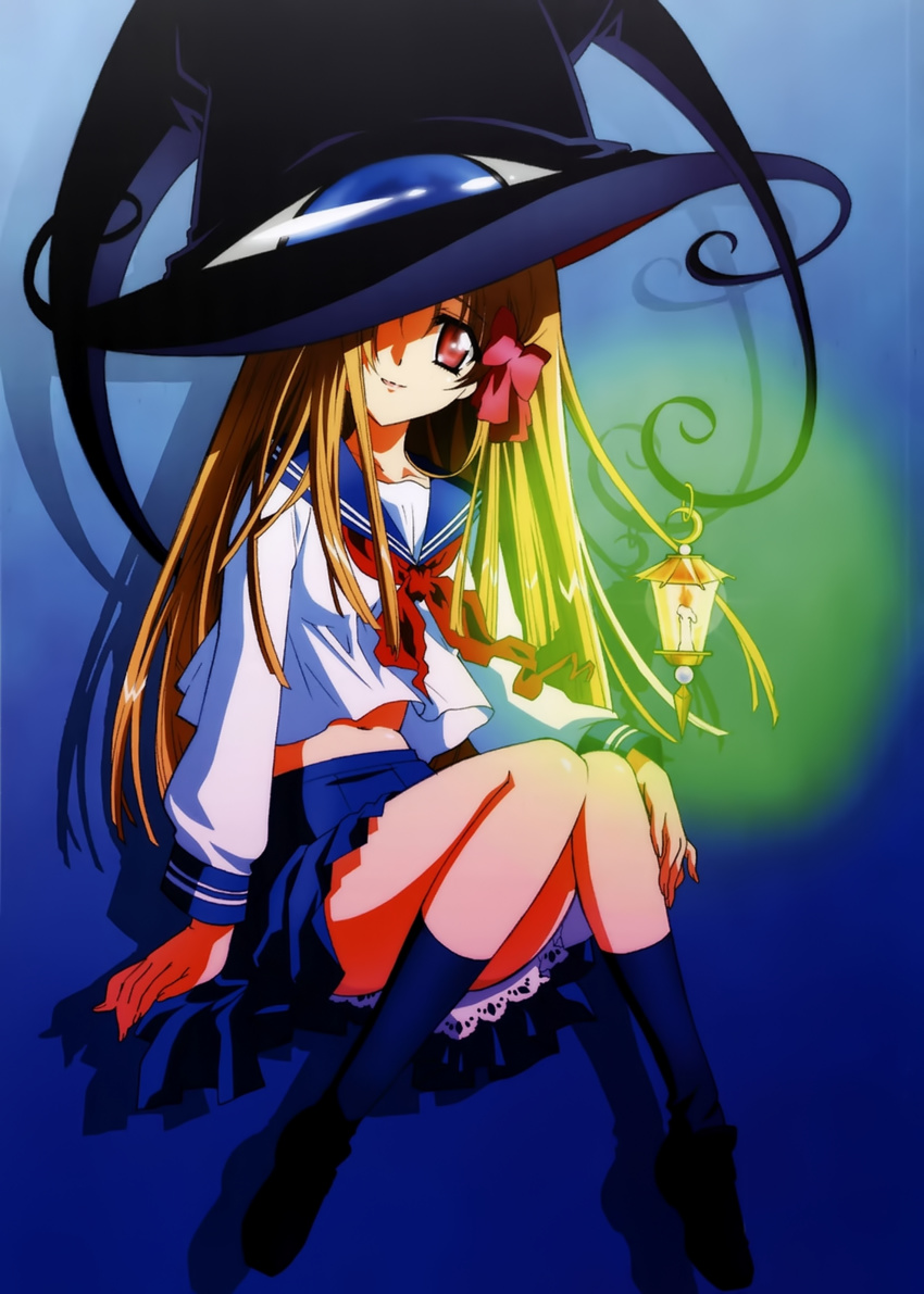 azuma_hatsumi blue_skirt hat highres lamp legs long_hair looking_at_viewer official_art petticoat skirt slip_showing socks solo yami_to_boushi_to_hon_no_tabibito