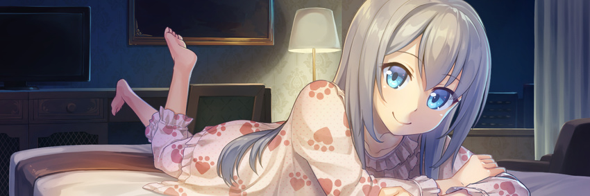 armchair barefoot bed bedroom blue_eyes cabinet chair collarbone crossed_arms curtains head_tilt indoors lamp lampshade legs_up long_hair looking_at_viewer lying night on_bed on_stomach original pajamas paw_print picture_frame print_pajamas shinonome_haru silver_hair smile solo television the_pose window