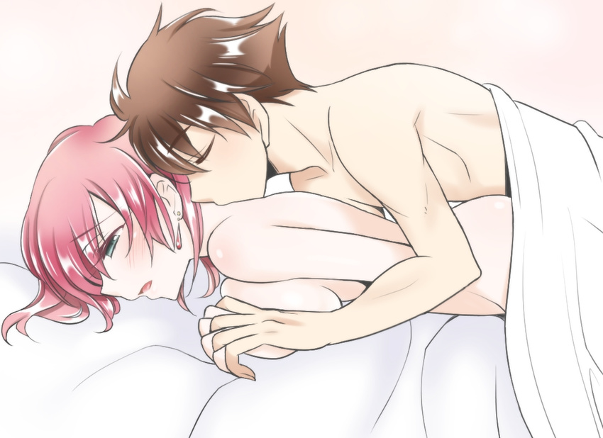 1girl bed bed_sheet blush breasts brown_hair butz_klauser closed_eyes commentary earrings final_fantasy final_fantasy_v green_eyes hetero holding_hands implied_sex interlocked_fingers jewelry kiss large_breasts lenna_charlotte_tycoon mabo-udon on_bed open_mouth pink_hair short_hair