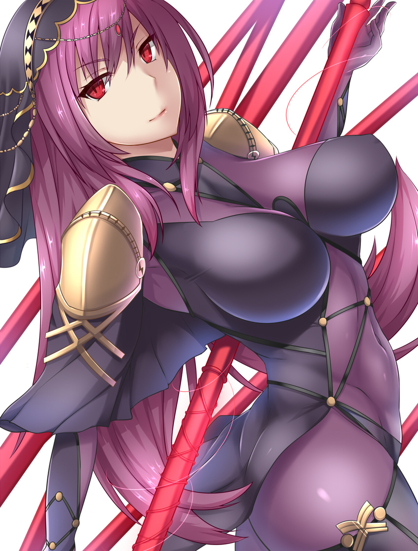 bodysuit breasts covered_navel fate/grand_order fate_(series) highres large_breasts long_hair polearm purple_bodysuit purple_hair red_eyes scathach_(fate)_(all) scathach_(fate/grand_order) shimeno_puni smile solo spear thighs very_long_hair weapon