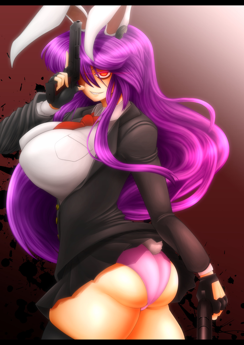 animal_ears ass black_legwear blazer blouse breasts bugge_man bunny_ears bunny_tail fingerless_gloves gloves glowing glowing_eye gun highres jacket large_breasts lavender_hair long_hair looking_at_viewer necktie panties pink_panties pleated_skirt purple_hair red_eyes red_neckwear reisen_udongein_inaba shirt skirt solo tail thick_thighs thighhighs thighs touhou underwear weapon