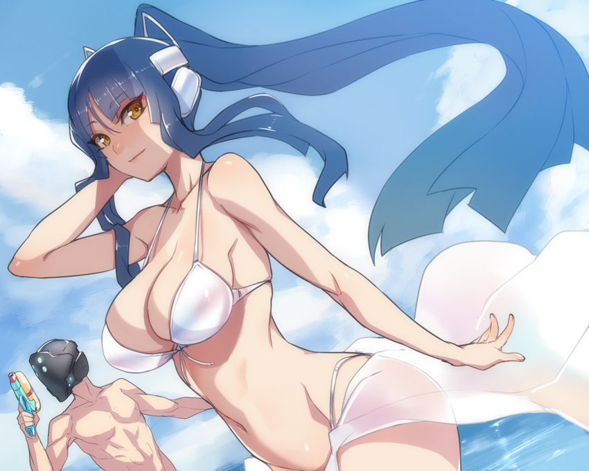 1girl ban bikini blue_hair breasts cleavage cloud day gijou_mitsumi helmet large_breasts long_hair nagaoka_souun navel ocean ponytail see-through sky smile swimsuit tokyo_necro water_gun white_bikini yellow_eyes