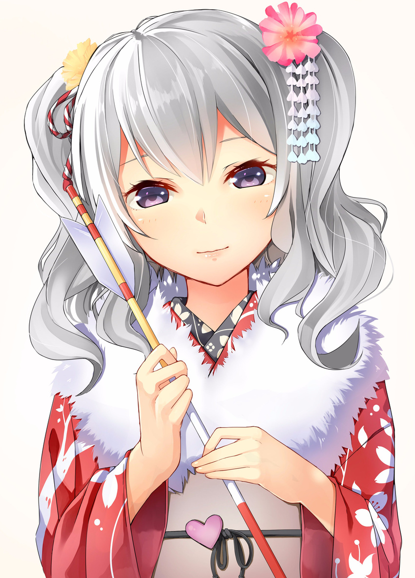 absurdres arrow blush byte_(allbyte) commentary_request flower fur_trim grey_eyes hair_flower hair_ornament hamaya highres japanese_clothes kantai_collection kanzashi kashima_(kantai_collection) kimono long_hair looking_at_viewer new_year obi sash sidelocks silver_hair smile solo tsumami_kanzashi tsurime twintails wavy_hair