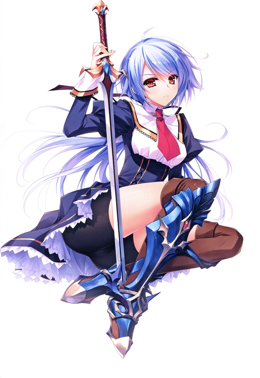 &gt;:( absurdres ahoge bike_shorts boots frown gem greaves highres juliet_sleeves kenkoku_no_jungfrau lavender_hair long_hair long_sleeves looking_at_viewer low_ponytail necktie non-web_source planted_sword planted_weapon puffy_sleeves red_eyes school_uniform simple_background solo sword thigh_boots thighhighs upskirt v-shaped_eyebrows weapon white_background yasaka_minato